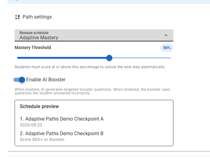 Gamena Adaptive Mastery settings with an 80 percent threshold and Enable AI Booster turned on
