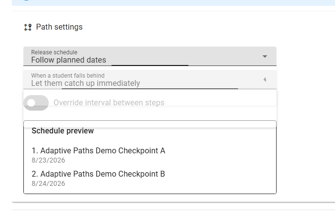Gamena Follow planned dates settings with Let them catch up immediately selected